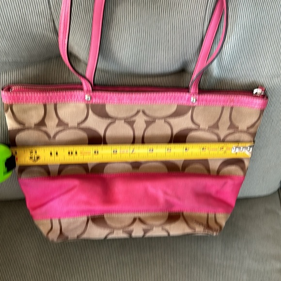 Coach Tan Purse with Pink Leather Straps. Pink stripe accent. - Picture 2 of 12